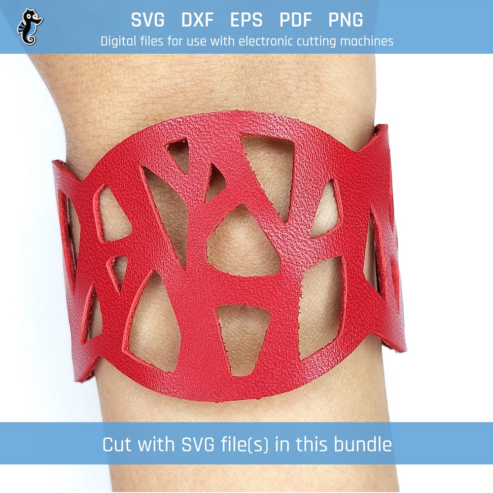 Fragments Pattern SVG bracelet bundle demo 3 Example of leather bracelet cut from SVG design file in this bundle.
